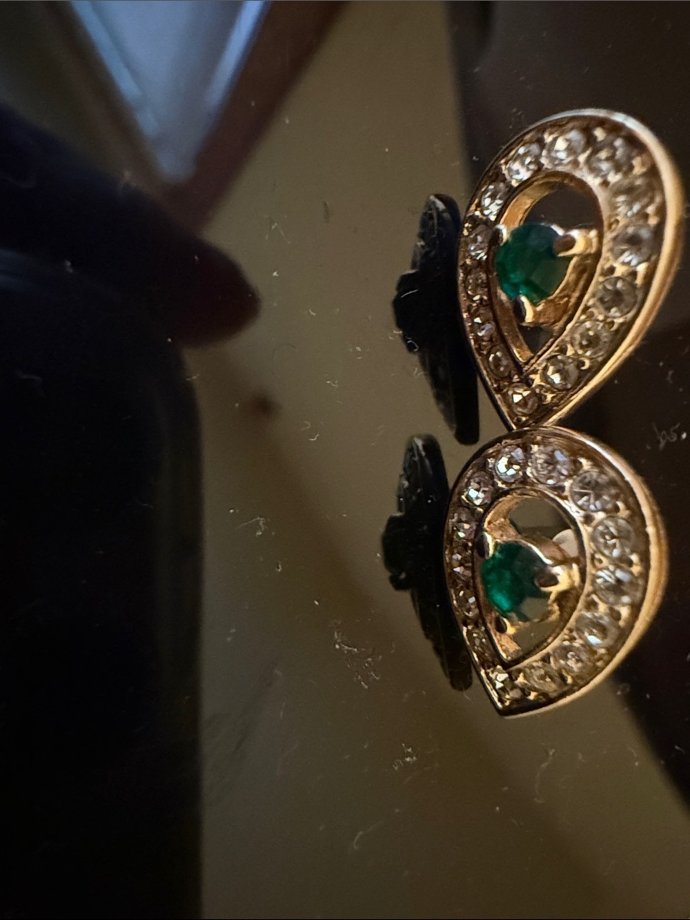Gold Teardrop Earrings with Green Gemstone and Clear Crystals
